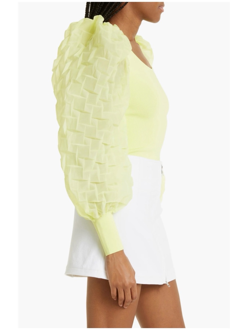 Alice + Olivia Women’s Sz S Yellow Pleat Puff Sleeve Sweater Abella Ribbed Knit